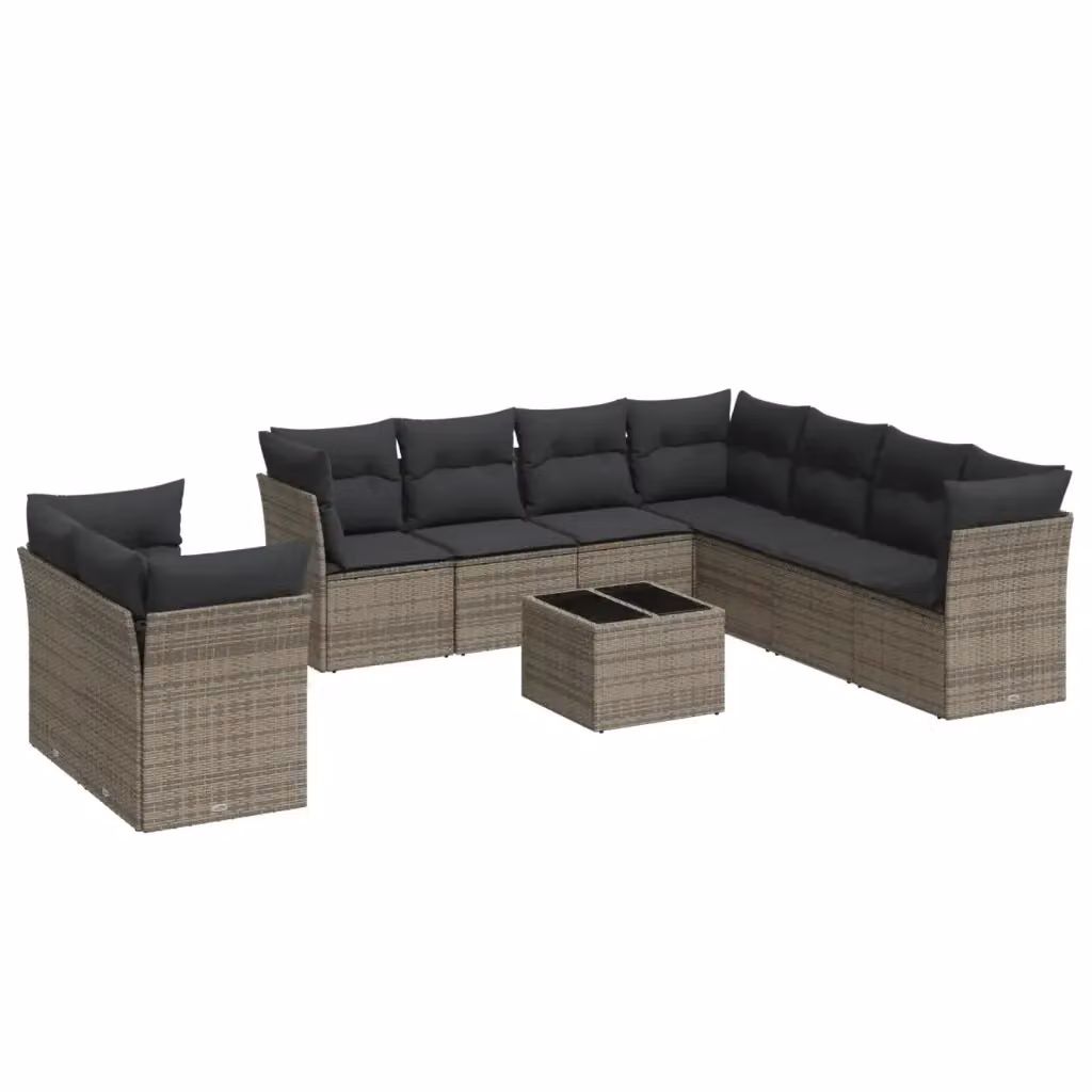 vidaXL Set Divano da Giardino 10 pz a L con Cuscini Grigio in Polyrattan e Tavolino da Esterno – 2
