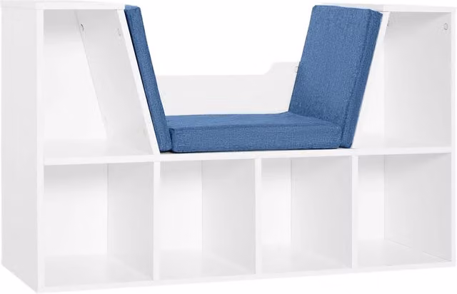 Libreria panca 2 in 1 Xylo con 6 scomparti aperti e cuscini in legno blu e bianco L: 102 cm, P: 30 cm, H: 61 cm