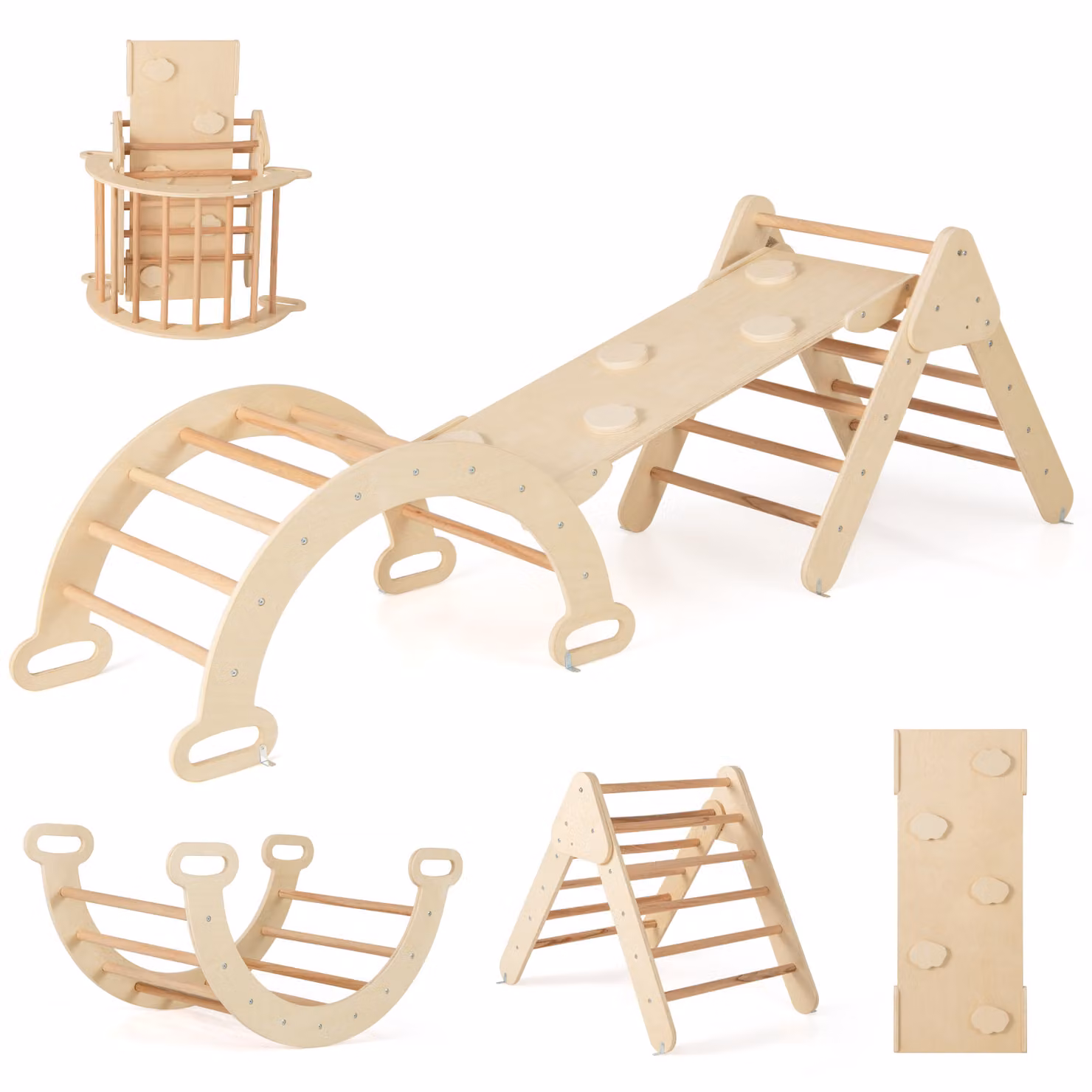 COSTWAY, struttura gioco multifunzione 4 in 1 con triangolo da arrampicata, arco da arrampicata, scala e scivolo, triangolo a pioli con rampa a doppia faccia, adatta a bambini dai 1 anno in su, design naturale