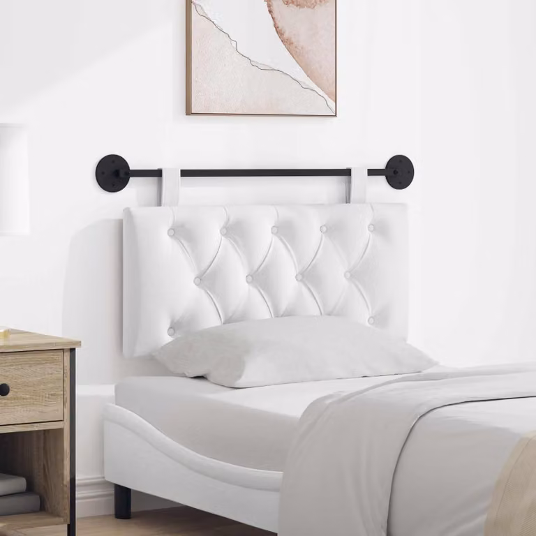 Testiera per letto sospesa vidaXL in tessuto bianco con pannello imbottito e struttura in legno e metallo, L: 90 cm, H: 55 cm, P: 7 cm