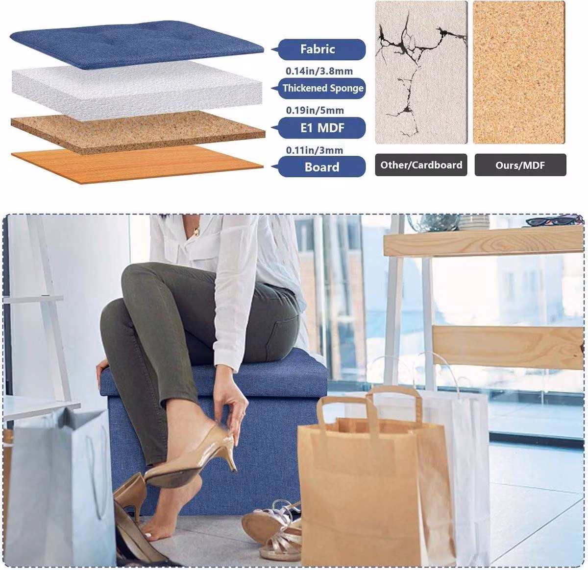 Poggiapiedi pieghevole con spazio contenitore e gambe in legno