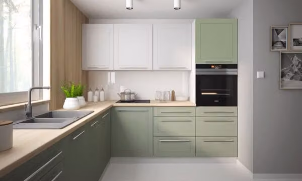 Mobile da cucina 245x240cm grigio / bianco segnale - verde pallido laccato opaco Mobile da cucina