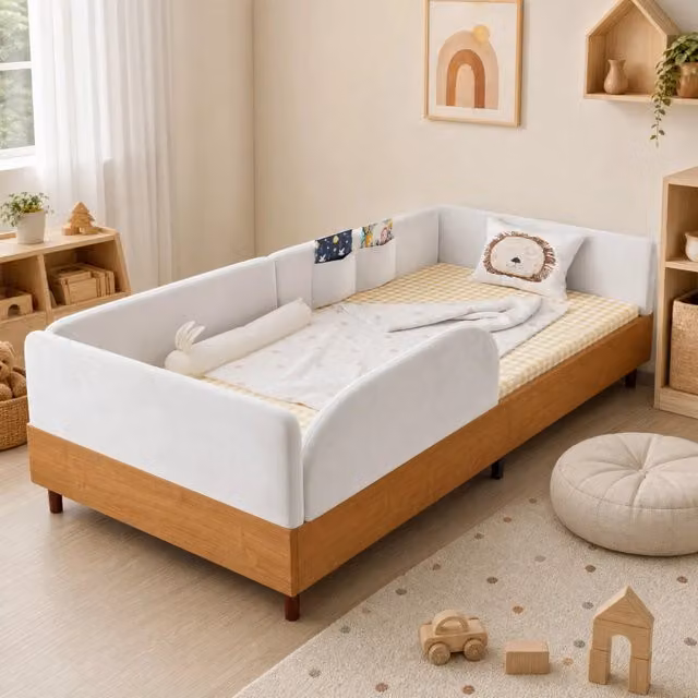 Letto singolo imbottito per bambini 90x200 cm in velluto con 2 tasche; bianco/naturale