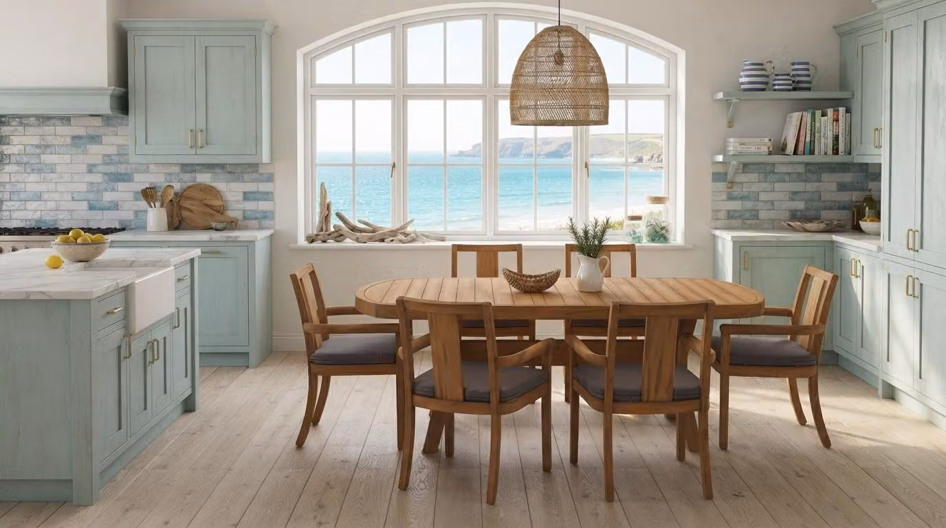 Set moderno per sala da pranzo: tavolo da pranzo di design con 6 sedie imbottite, colore marrone