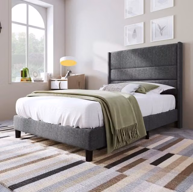 Letto singolo imbottito ULEVR 90x200 cm con testiera e rete a doghe, rivestimento in lino grigio scuro