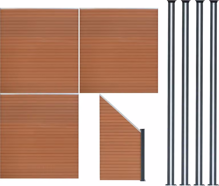 Pannelli divisori in legno composito (WPC), 3 pezzi; elemento angolare, 1 pezzo; pali per recinzione con luci a LED, 4 pezzi – colore marrone