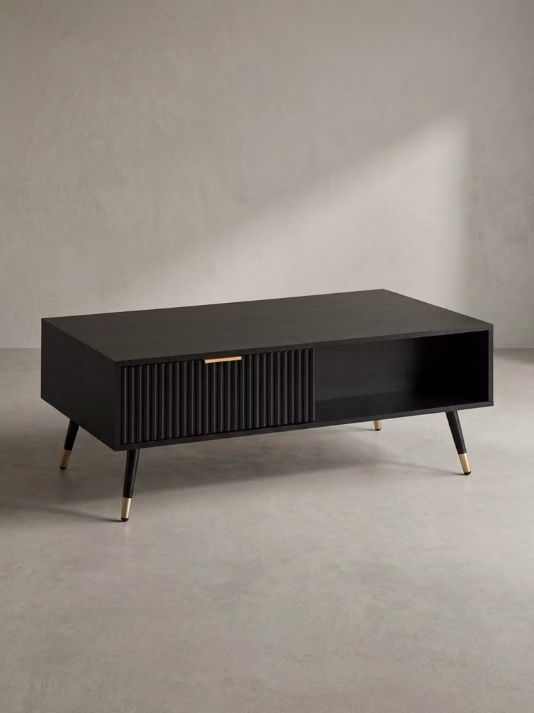Tavolino da salotto 110x60x43 cm Nero con decorazione in rovere Tavolino da salotto, tavolino rettangolare con spazio contenitivo, tavolino da caffè con cassetti, tavolo da salotto con gambe in metallo