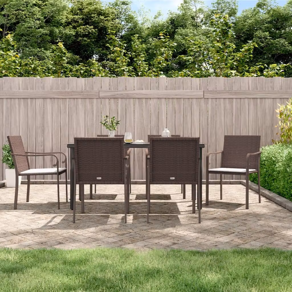 Set da pranzo da giardino vidaXL in polyrattan e acciaio con 7 pezzi e cuscini, tavolo rettangolare in vetro e sedie moderne disponibili in marrone, nero o bianco