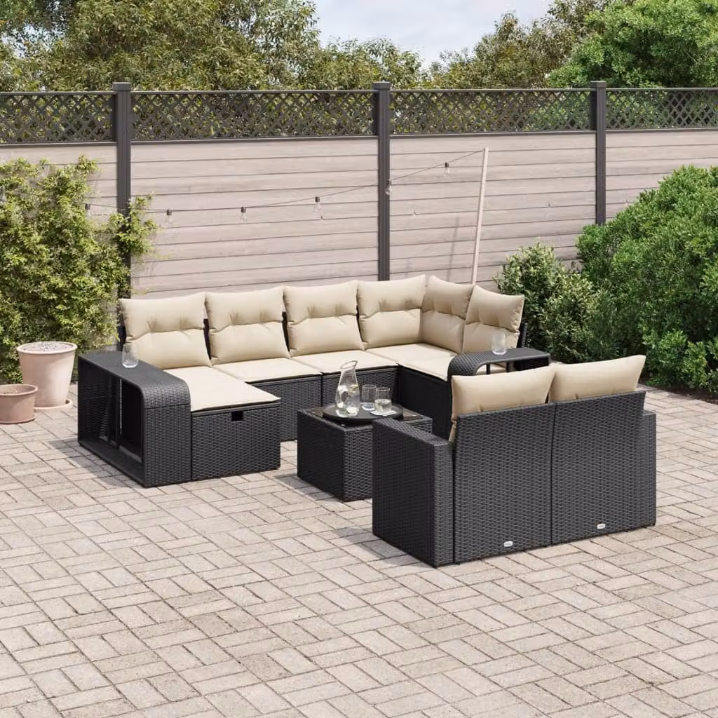 vidaXL Set Divani da Giardino 11 pz in Polyrattan Nero con Cuscini e Tavolino – 1