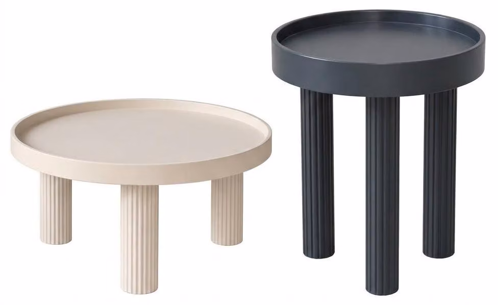 Set di tavolini da salotto in stile moderno, colore beige, fianchi e struttura in metallo, nuovi