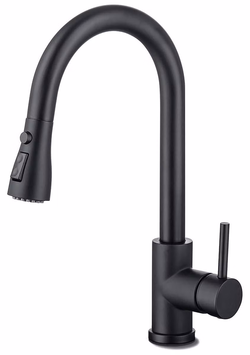 Miscelatore da cucina estraibile, di colore nero opaco, con soffione dotato di due funzioni, beccuccio alto e curvo, ideale per la cucina