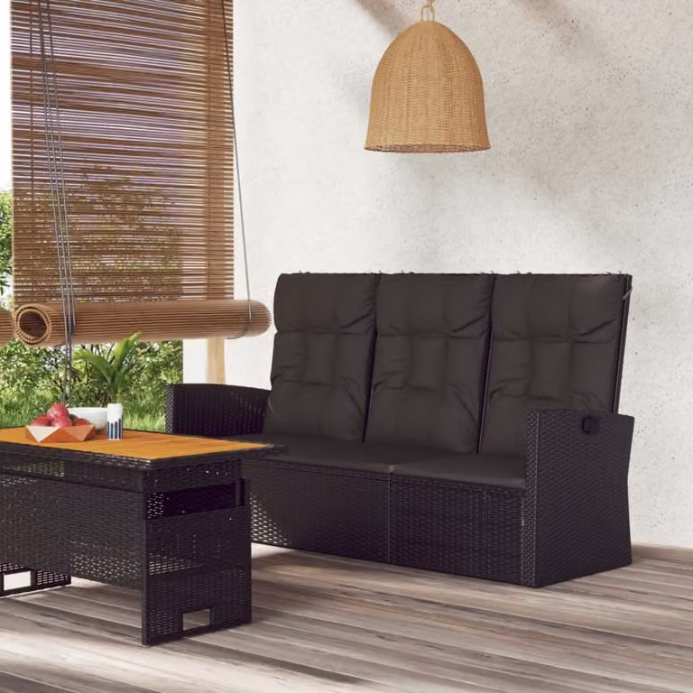 The Living Store Panchina da giardino con funzione reclinabile e cuscini Nero 173cm Poly Rattan