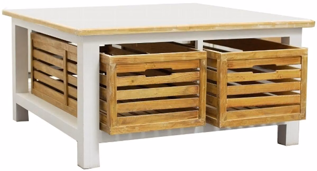 Tavolino da salotto in stile rustico "Casa Padrino", quadrato, bianco/color naturale, dimensioni 90 x 90 x 47 cm, con 2 cesti in legno