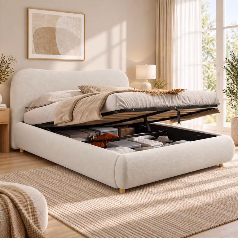 Letto imbottito 180x200 cm con spazio contenitore a sollevamento idraulico, rete a doghe, testiera imbottita di 10,5 cm, rivestimento in tessuto bouclé e gambe in legno massello, colore bianco