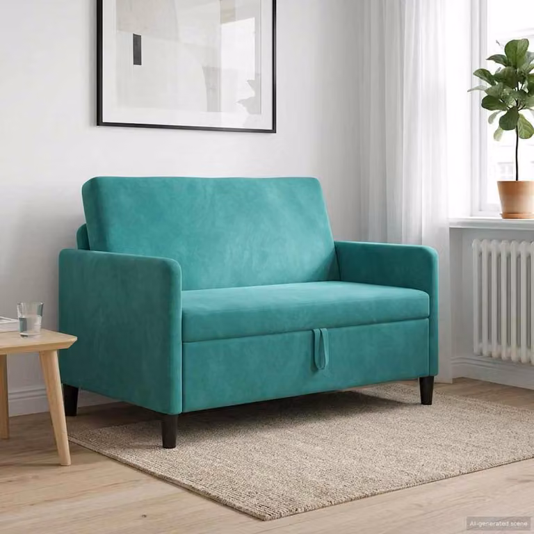 Divano moderno vidaXL con contenitore apribile, rivestimento in tessuto turchese e nero, L: 122 cm, P: 78 cm, H: 87 cm
