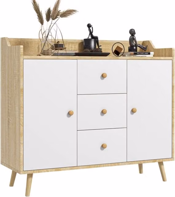 Credenza Moderna in Truciolato e Legno di Pino con 3 Cassetti e 2 Armadietti a 2 Livelli, L: 90 cm, P: 32 cm, H: 80 cm