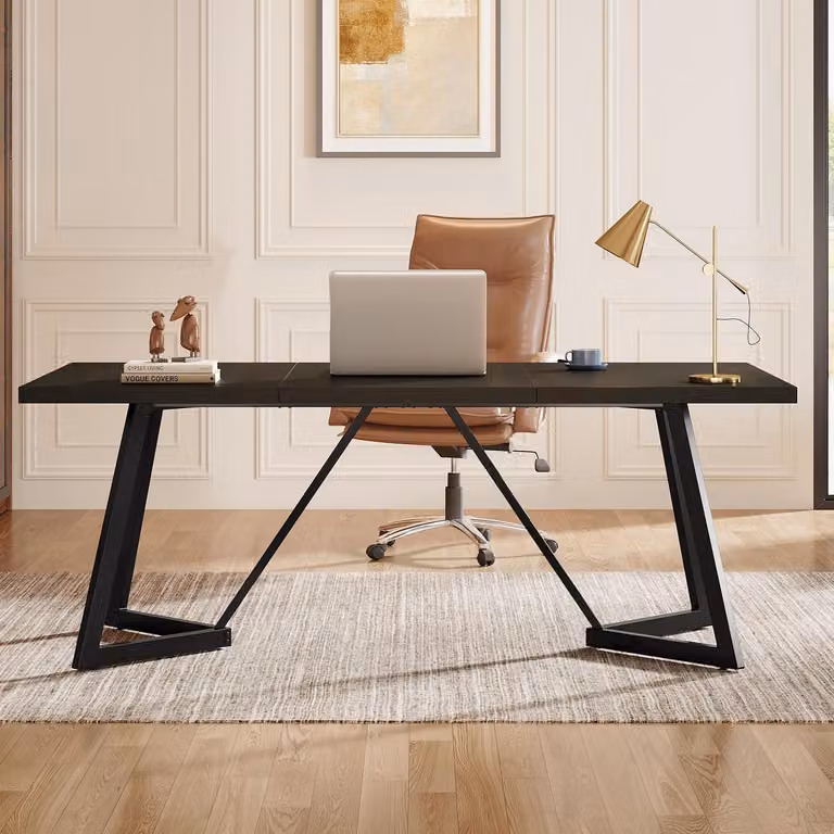 Scrivania da 180 cm, scrivania per computer con struttura in metallo, rettangolare, colore nero