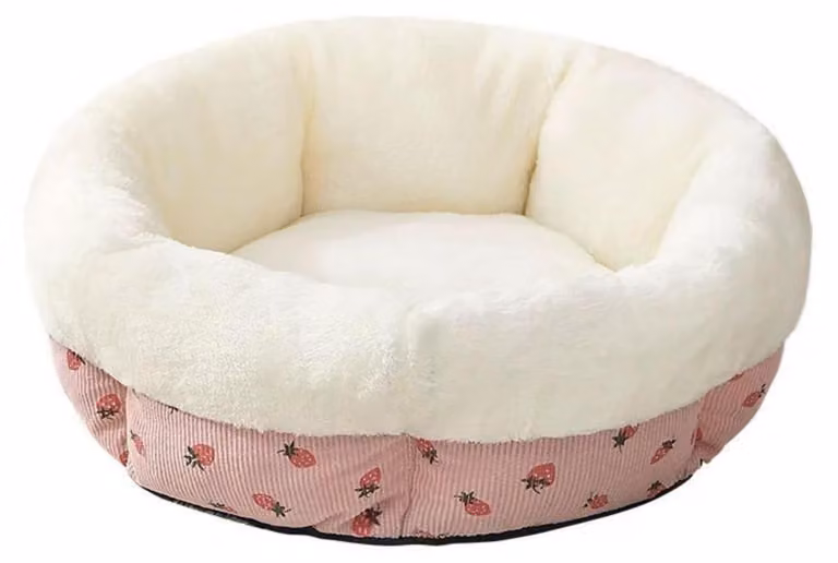 Cuccia per cani a forma di ciambella, in peluche morbido, per animali domestici, adatta anche per gatti. Morbida e calda, taglia M, 50 cm, con motivo a fragole