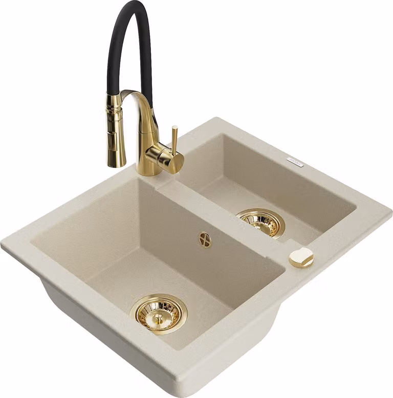 Mexen Carlos lavello in granito 1,5 vasche con rubinetto da cucina Aster, beige - 6518-69-73450-57-G