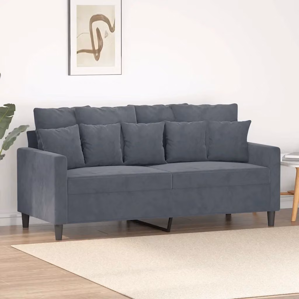 Divano da soggiorno moderno in velluto grigio con struttura in metallo e cuscini inclusi – 2
