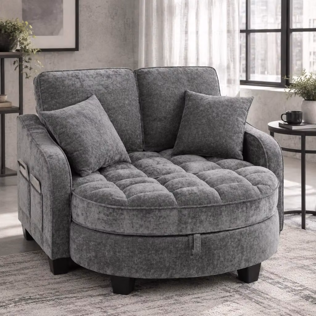 Divano letto MIVRAY moderno in tessuto grigio con pouf coordinato incluso – 2