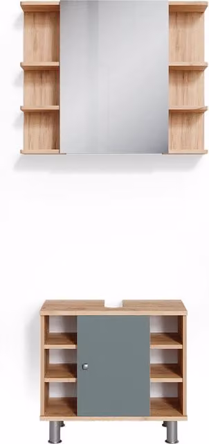 Set mobili bagno Vicco Fynn verde composto da 2 pezzi con mobile lavabo e pensile a specchio in stile minimalista – 1