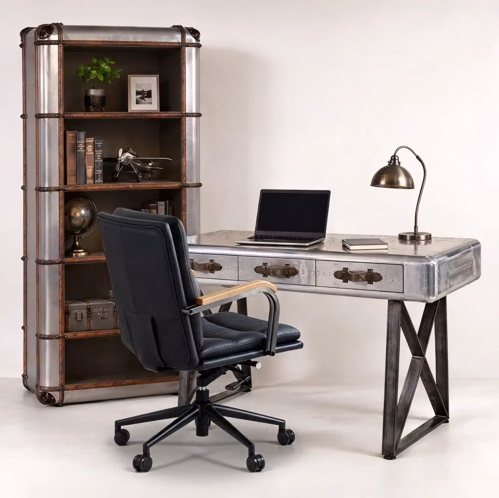 Sedia da ufficio executive girevole a 360 gradi in ecopelle e metallo con braccioli, stile mid-century, colore nero – 2