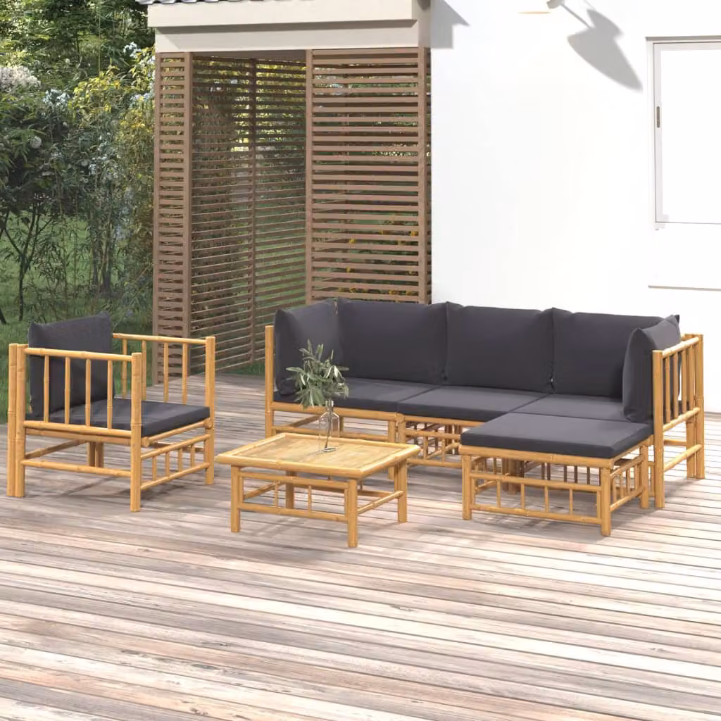 Set Salotto da Giardino vidaXL in Bambu con Cuscini Imbottiti, Design Moderno a L, 6 Pezzi, Marrone e Grigio
