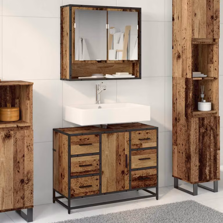 Set di mobili per il bagno vidaXL composto da mobile lavabo e armadietto con specchio in legno e metallo, marrone e nero, L 80 x P 33 x H 60 cm