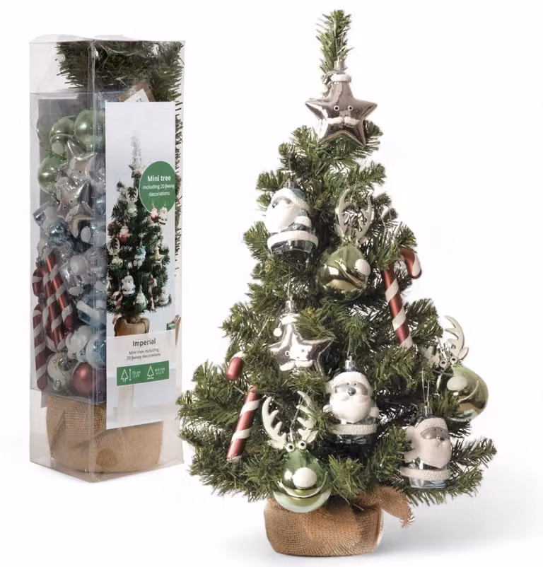 Decorazioni natalizie per alberi: mini albero di Natale - 10 figure - plastica resistente agli urti - aghi morbidi e realistici - sacchetto di juta - diametro 35 cm, altezza 60 cm