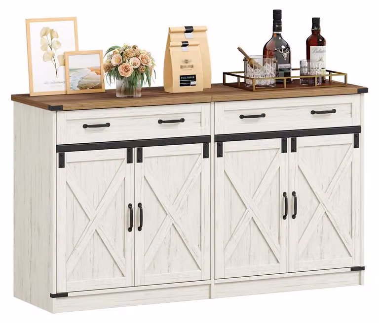 Mobile contenitore con 2 cassetti e 4 ante, stile rustico, colore bianco vintage e marrone miele, dimensioni 140 x 80 x 40 cm