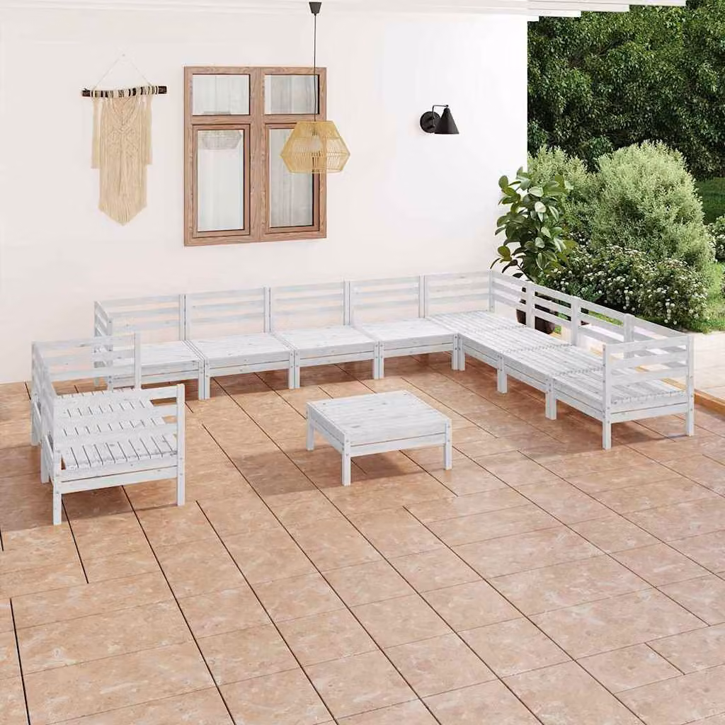 Set Salotto da Giardino vidaXL 11 pz in Legno di Pino Bianco con Cuscini e Design a L
