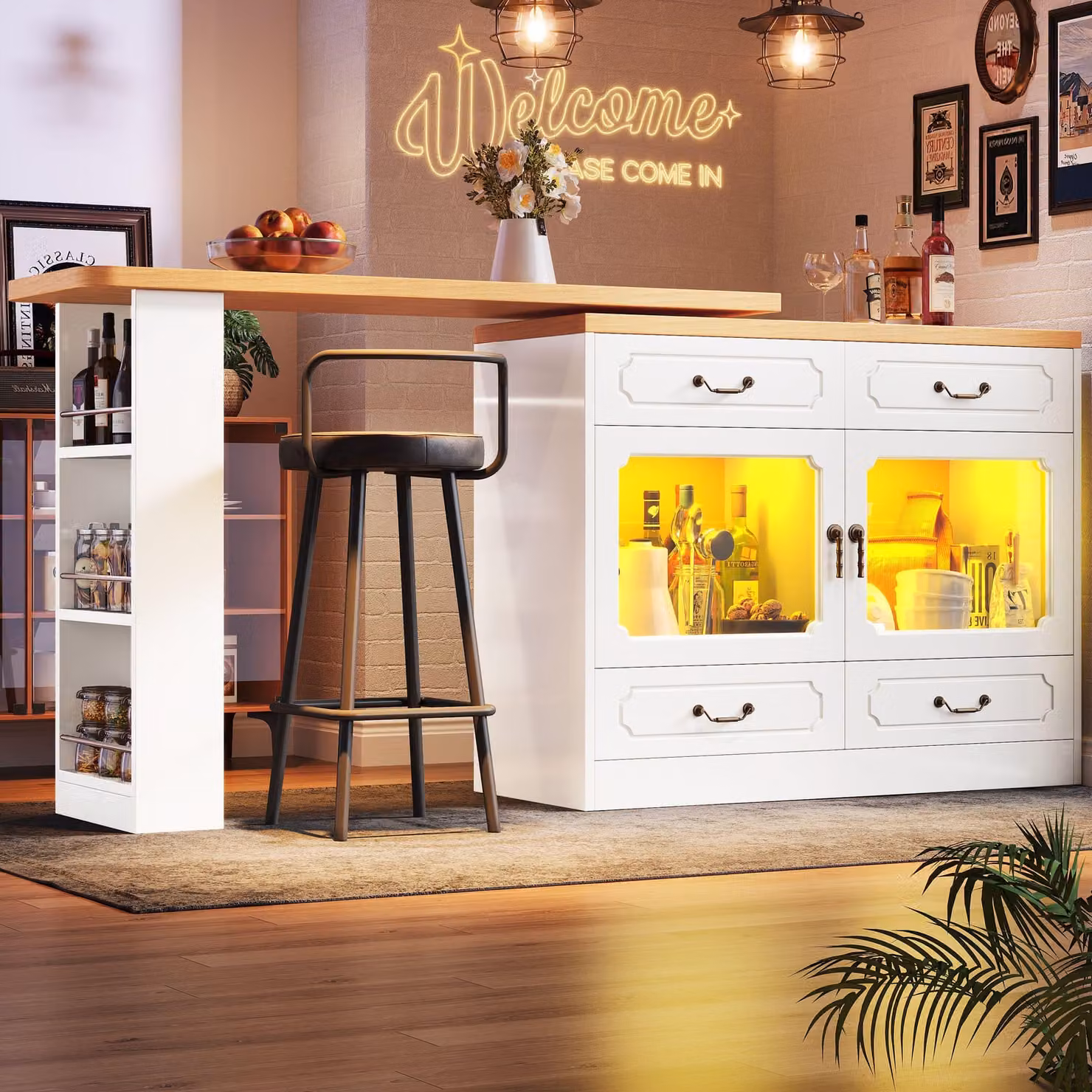 Tavolino da bar estensibile con LED, isola da cucina girevole a 360° con spazio contenitivo, mobile contenitore con 4 cassetti e porta USB, tavolo da pranzo telescopico, soggiorno, bianco