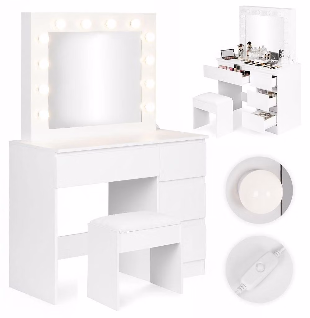Tavolo da toeletta con specchio a LED, 4 cassetti + sgabello