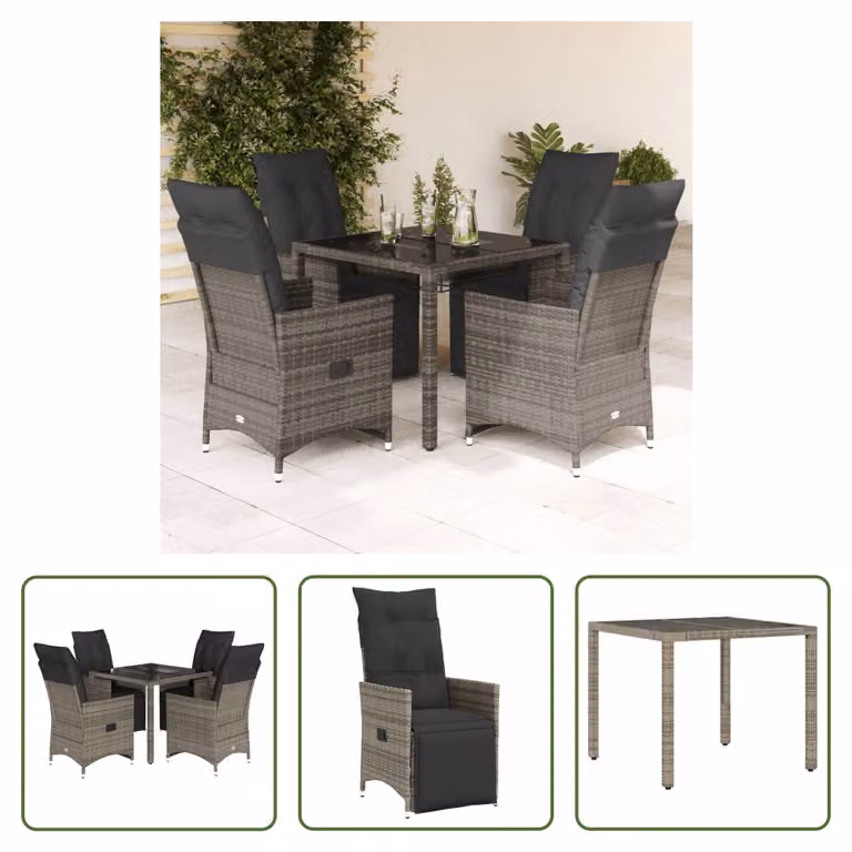 The Living Store Set da giardino bistrot 5 pezzi con cuscini in poly rattan grigio