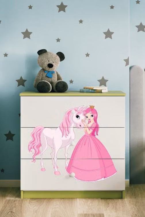 Cassettiera per bambini cavallo principessa nel colore verde Babydreams