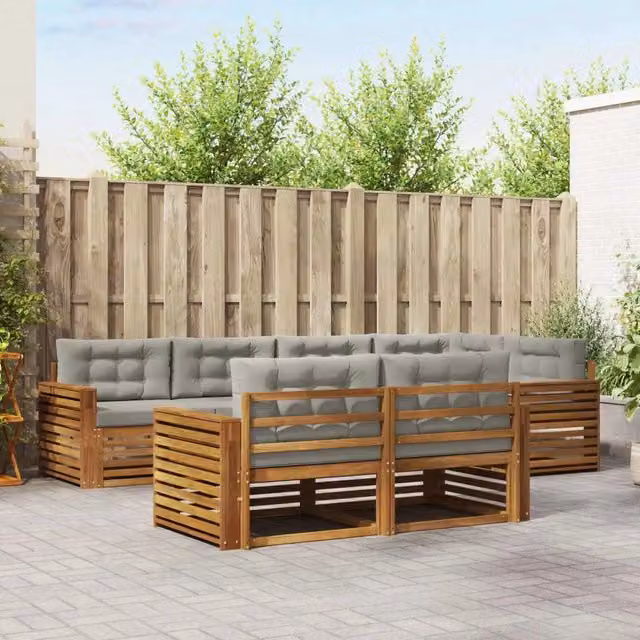 Set di divani da esterno vidaXL a forma di L composto da 7 pezzi in legno di acacia con cuscini grigi per giardino e terrazza – 1