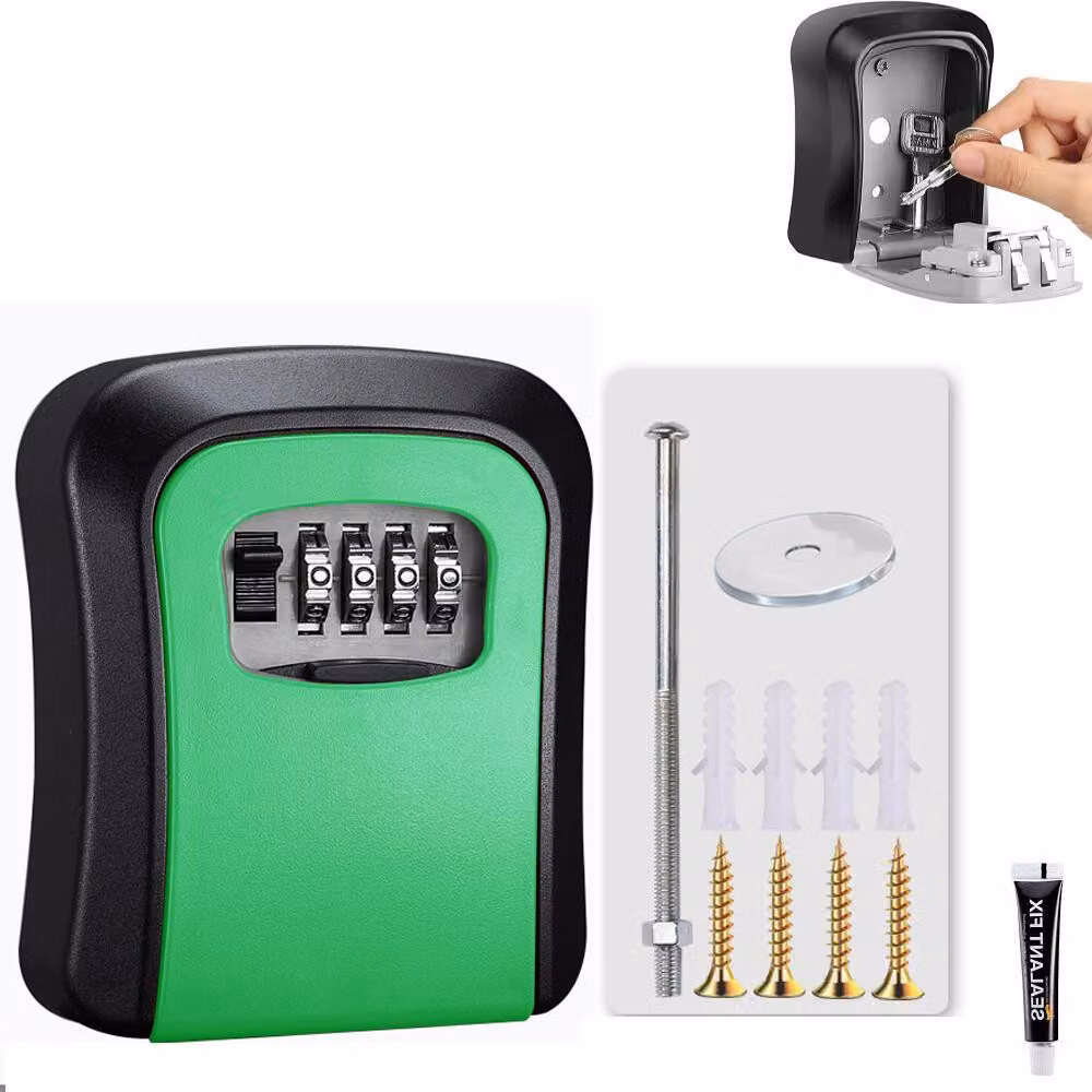 Cassaforte per chiavi con serratura a combinazione – Codice a 4 cifre – Scatola portachiavi per esterni – Resistente alle intemperie – Con viti e adesivo – 11,7x9,7x4 cm – Verde