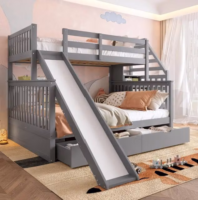 Letto a castello ULEVR 90x200 e 140x200 cm con scivolo, scale e cassetti, grigio