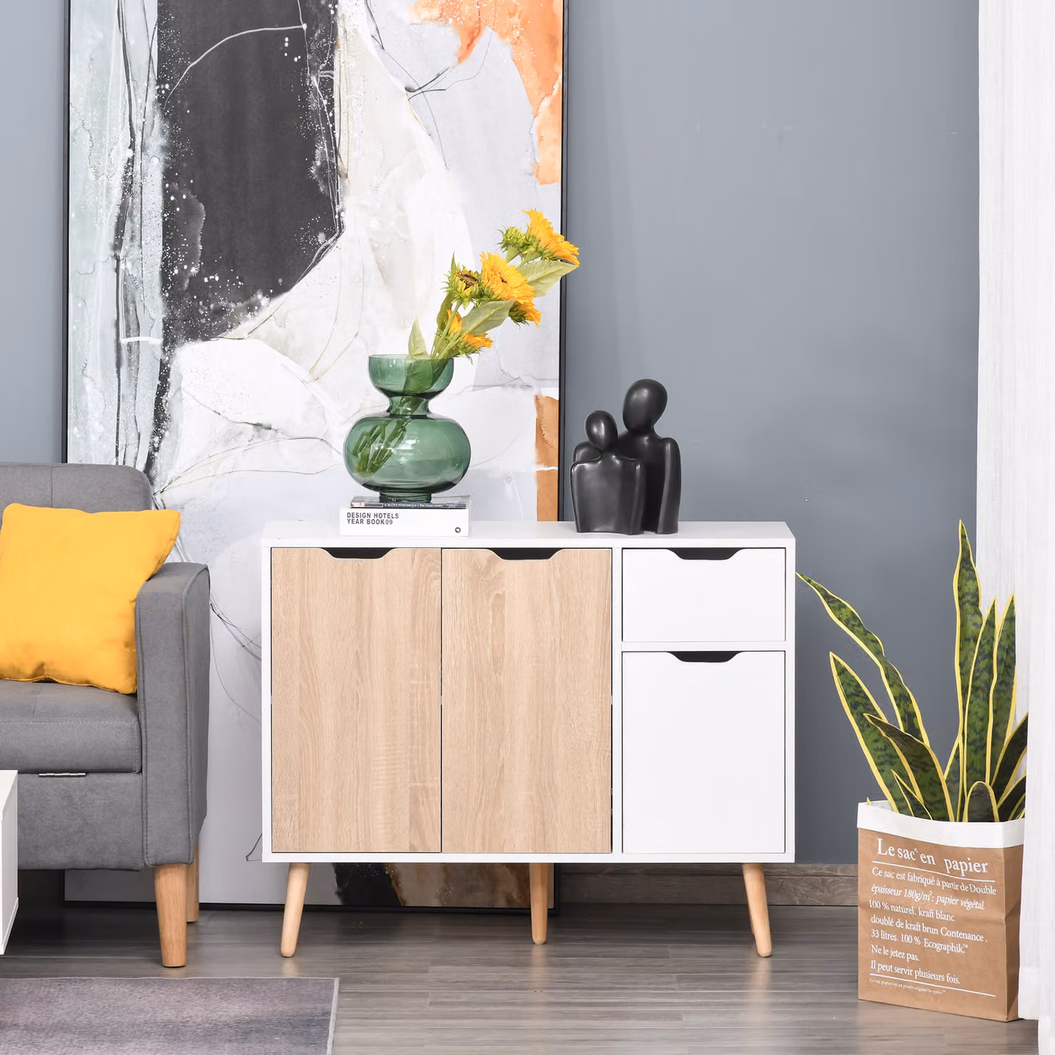 Mobiletto Multiuso HOMCOM in Stile Nordico con Cassetto e Armadietti, Credenza in Legno per Camera, Soggiorno o Studio, Bianco e Beige – 2