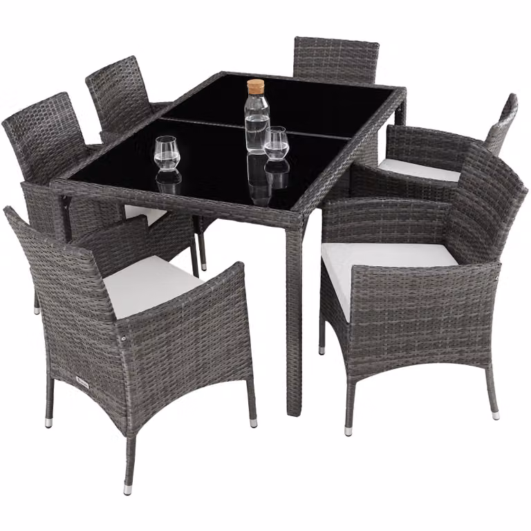 Set da giardino Porto TecTake GmbH in polyrattan con tavolo rettangolare e 7 sedute, grigio/bianco