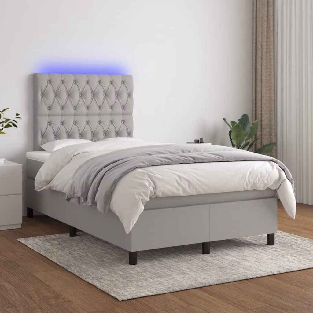 The Living Store Letto a molle con materasso e LED in tessuto grigio chiaro 120x200 cm