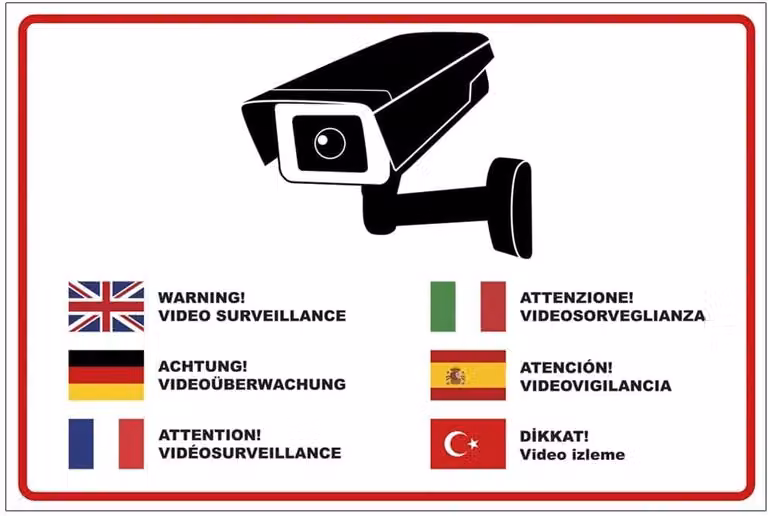 Segnaletica video sorveglianza multilingue, 300x200 mm, alluminio/Dibond, cartello di sicurezza per aziende