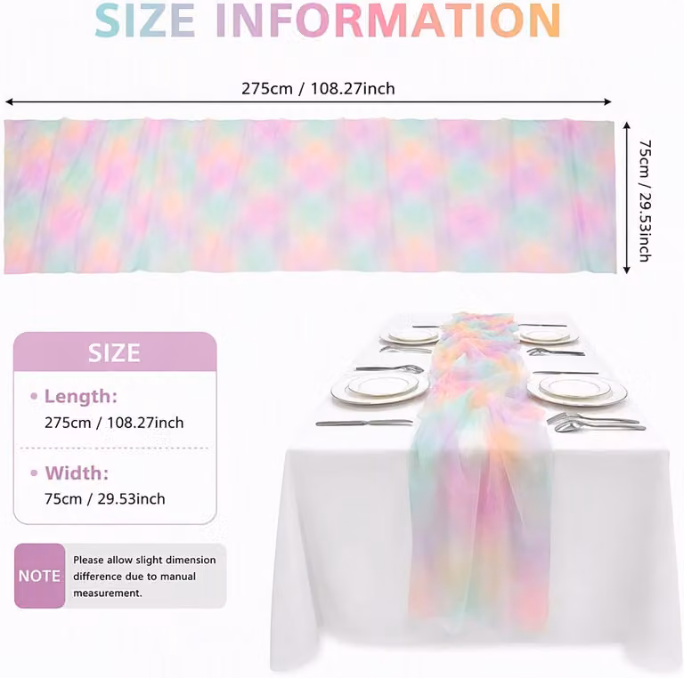 Tulle decorativo a forma di nastro, 150x30 cm, colori arcobaleno, ideale per la decorazione della tavola