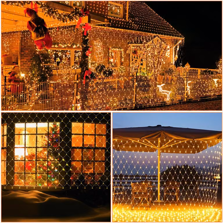 Catena luminosa LED Ikodm, lunghezza 1,5x1,5 metri, 96 LED, rete luminosa per Natale, alimentazione a corrente, ideale per decorare cespugli, giardini, alberi, interni, balconi, feste. Luce bianco caldo