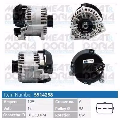 MEAT & DORIA 5514258 Alternatore 125 A 14 V per FORD TRANSIT CONNECT (P65, P70, P80) Tourneo Connect Mk1