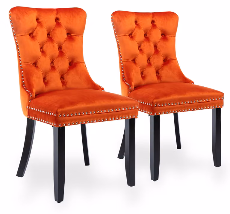 Set di 2 poltrone da pranzo in velluto, con schienale alto e struttura in legno di gomma, colore arancione