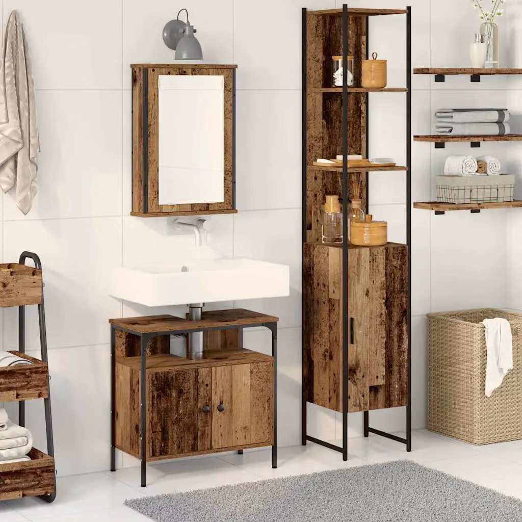 Set di mobili per il bagno vidaXL 3 pezzi in stile moderno con armadietto a specchio, mobile lavabo e colonna alta in legno vecchio e metallo, marrone e nero