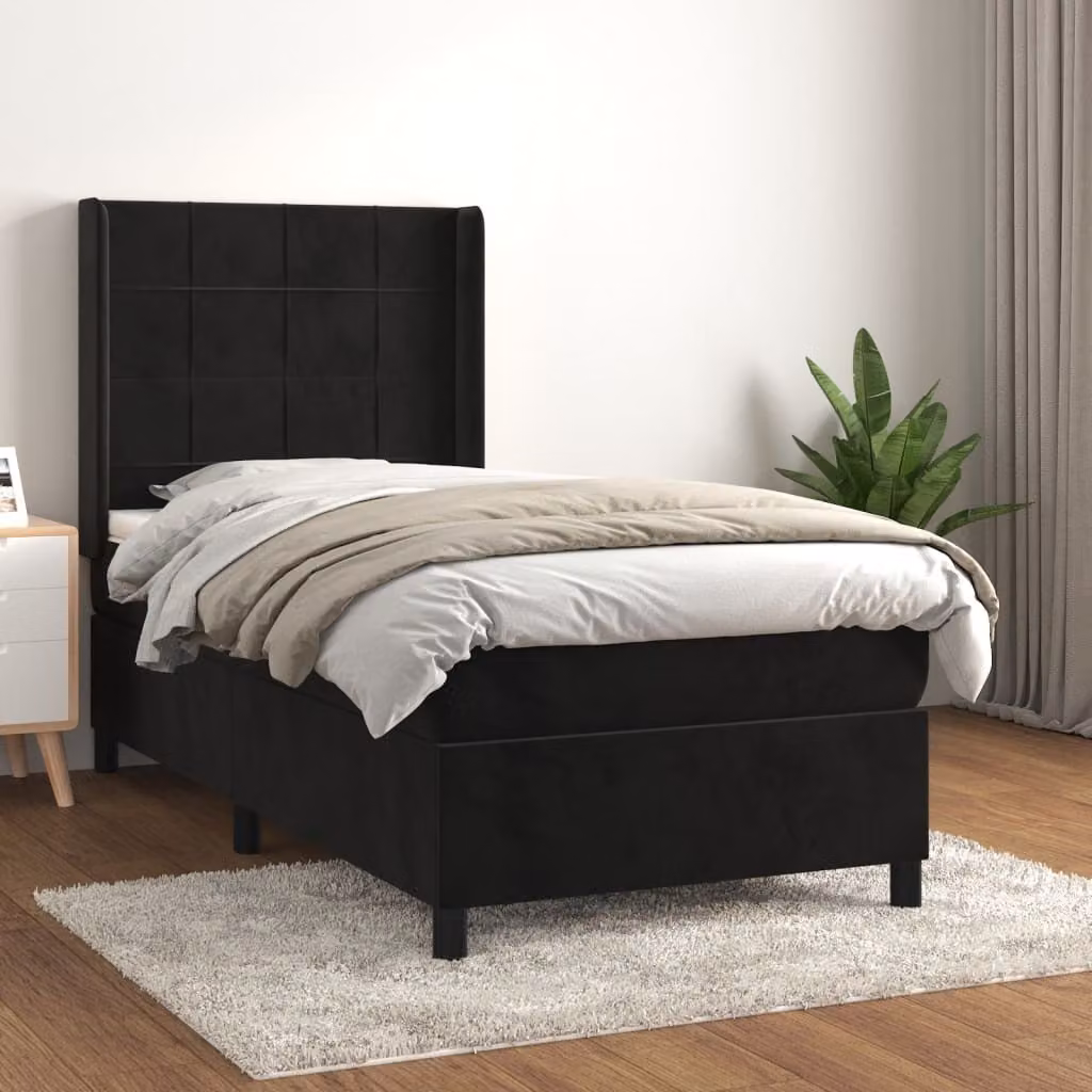 The Living Store Letto a molle con materasso nero 90x190 cm in velluto