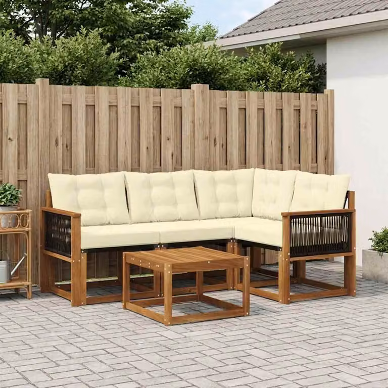 Set di divani da esterno vidaXL 5 pezzi in legno di acacia con cuscini beige e bianco e tavolino coordinato